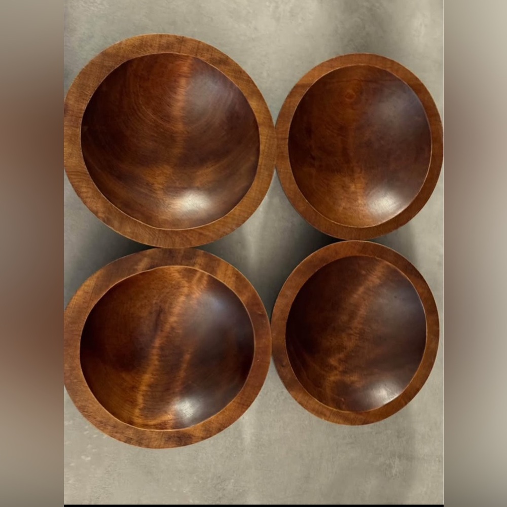 Vintage Baribocraft Maple 🍁 Wood Thumbprint Flying Saucer Salad 4 Bowls